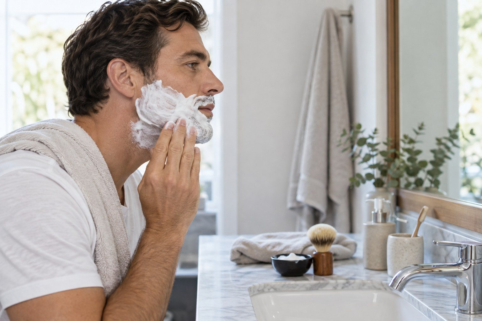 Afeitarse con piel sensible: una rutina que evita prisas y roces — Imagen 1 Hombre adulto aplica espuma de afeitar en un baño luminoso