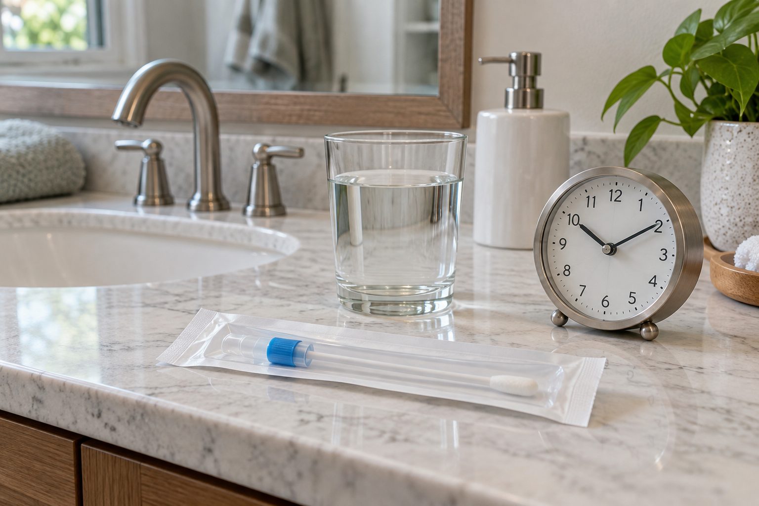 Detección de THC en saliva y paso del tiempo Kit de prueba oral sellado junto a un vaso de agua y un reloj