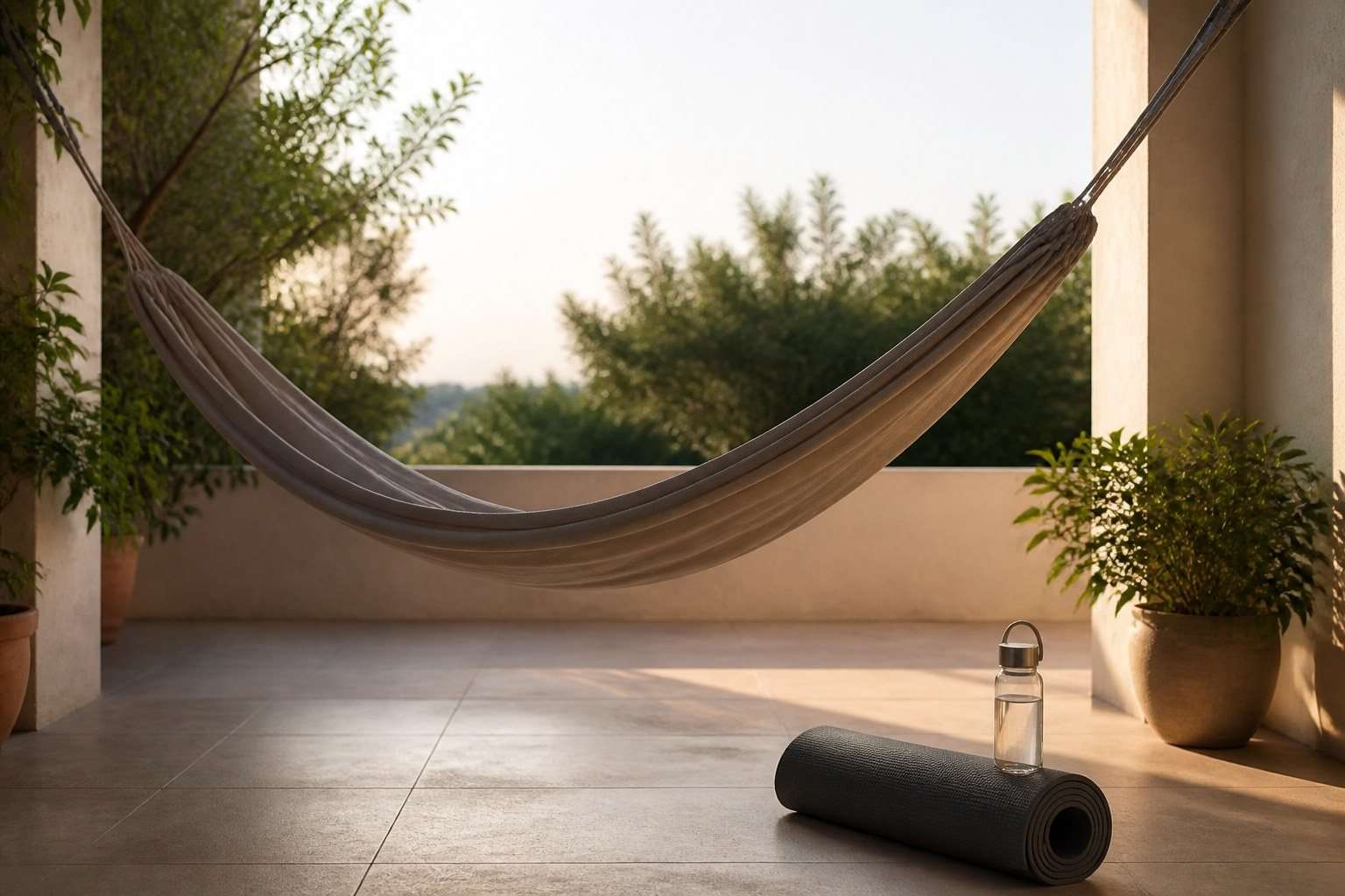 Hamaca preparada en una terraza junto a una esterilla y una botella de agua