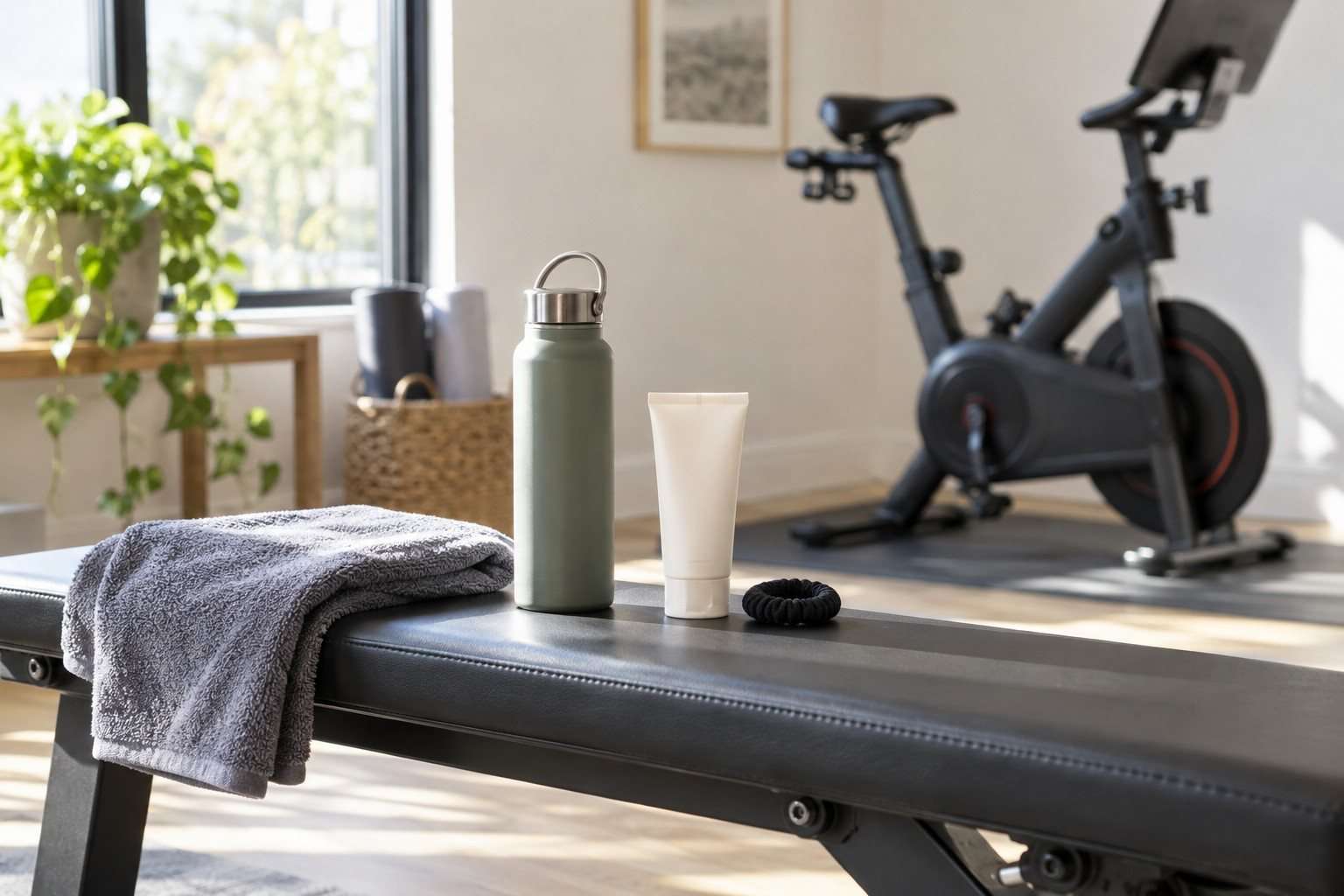 Toalla, botella de agua y producto de cuidado junto a una bicicleta estática.