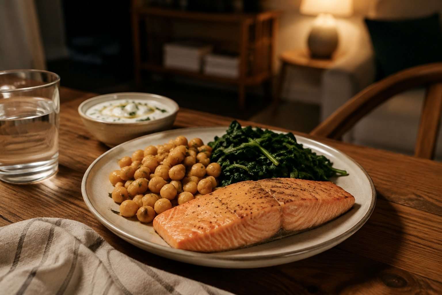 Qué alimentos ayudan a dormir y cómo integrarlos en la cena — Imagen 1 Cena con salmón, garbanzos, verduras y yogur en una mesa doméstica.