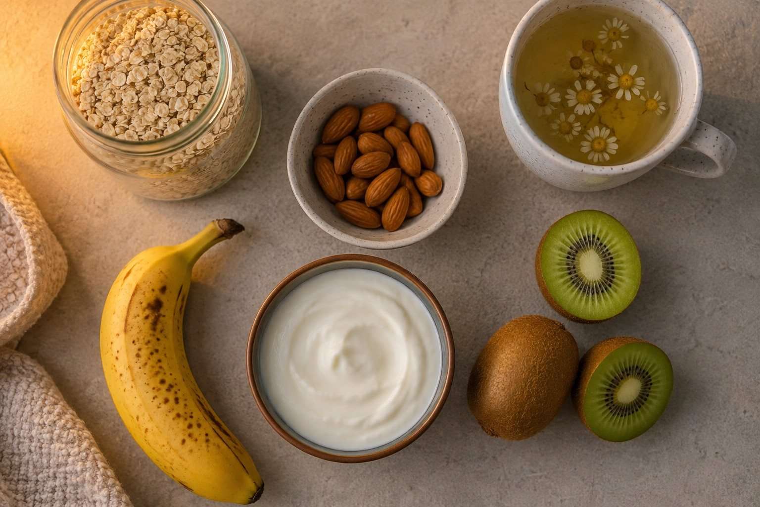 Avena, plátano, almendras, kiwi, yogur e infusión vistos desde arriba.