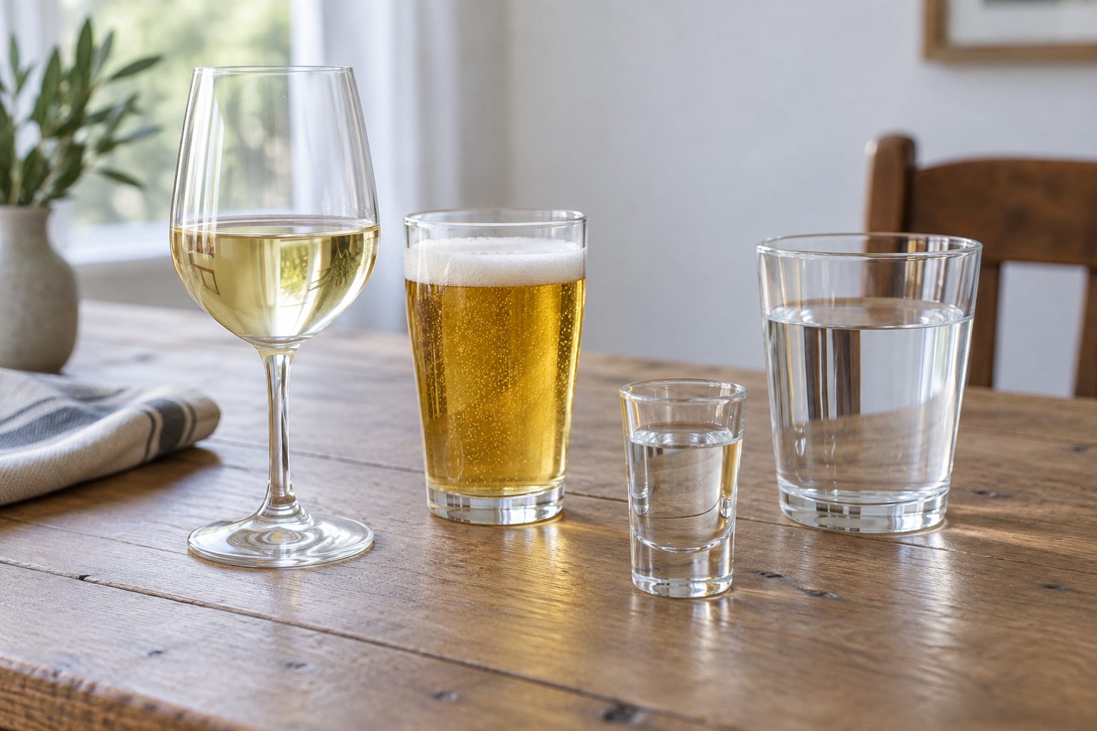 Bebidas y cantidades para comparar Copa pequeña de vino blanco, vaso de cerveza, medida de destilado y vaso de agua