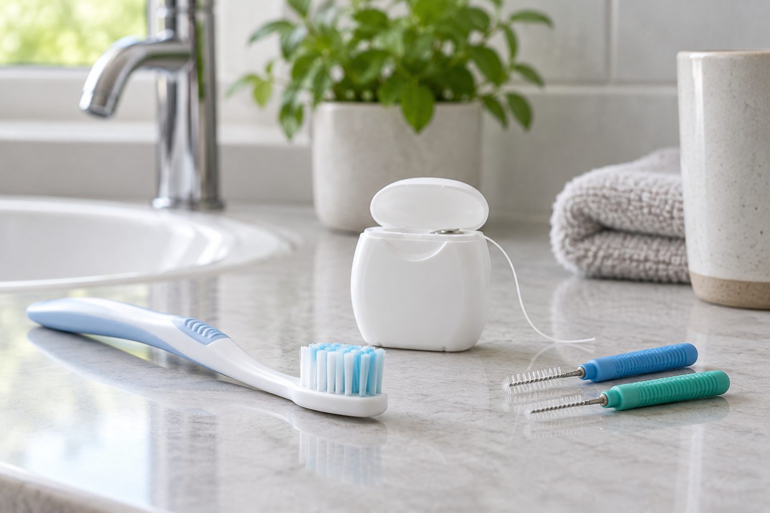 Utensilios para la higiene dental diaria Cepillo dental suave, recipiente de hilo dental y cepillos interdentales en un lavabo